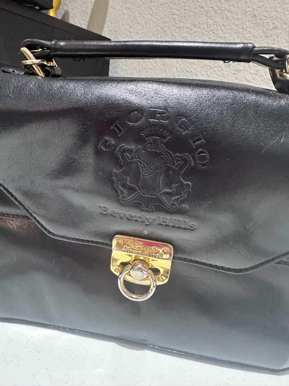 Vintage Giorgio Beverly Hills black leather clutch purse with strap and keychain